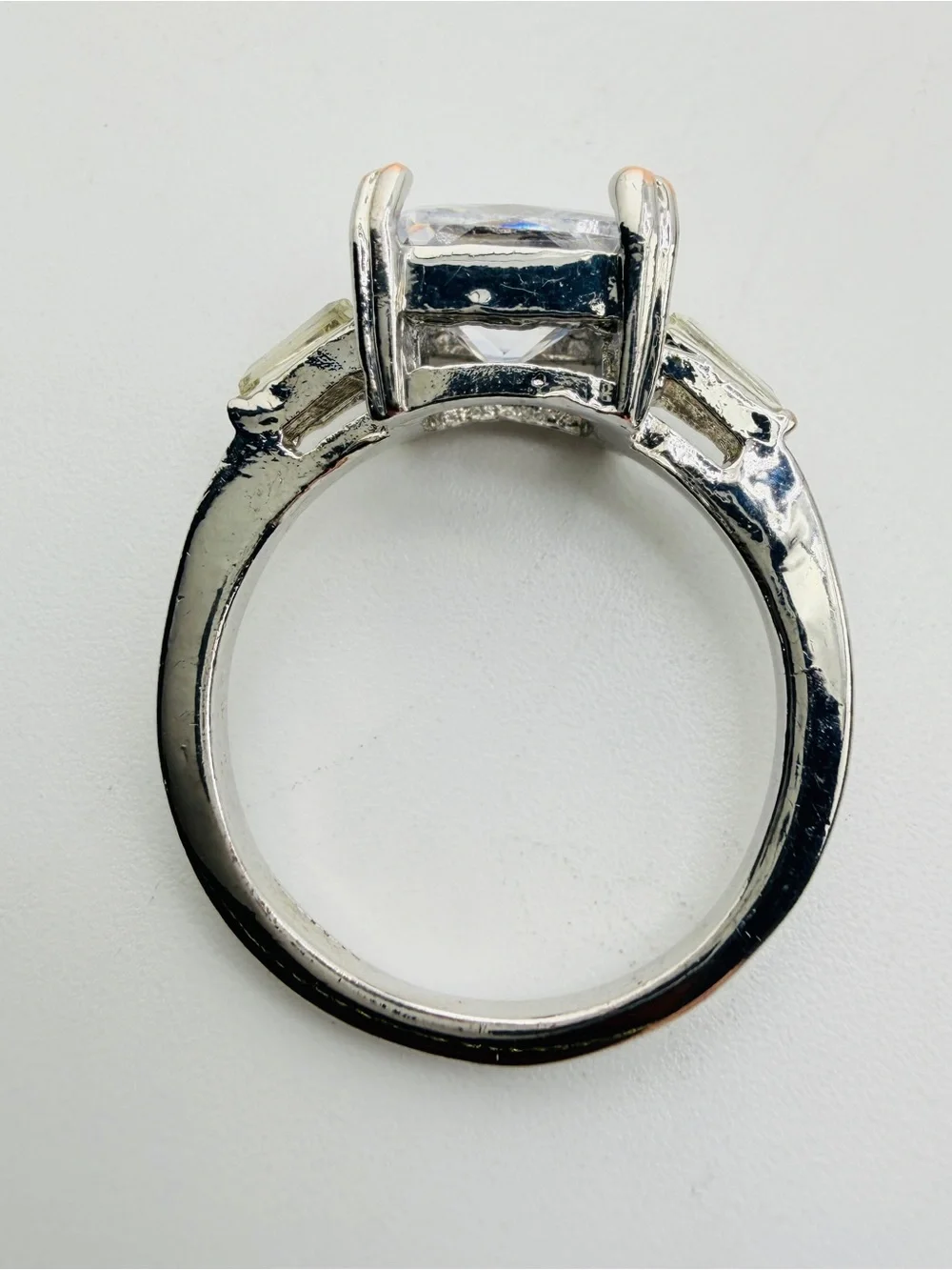 Princess Cut 3 Carat Silver Tone CZ Three Stone Engagement Ring Size 8-1/2